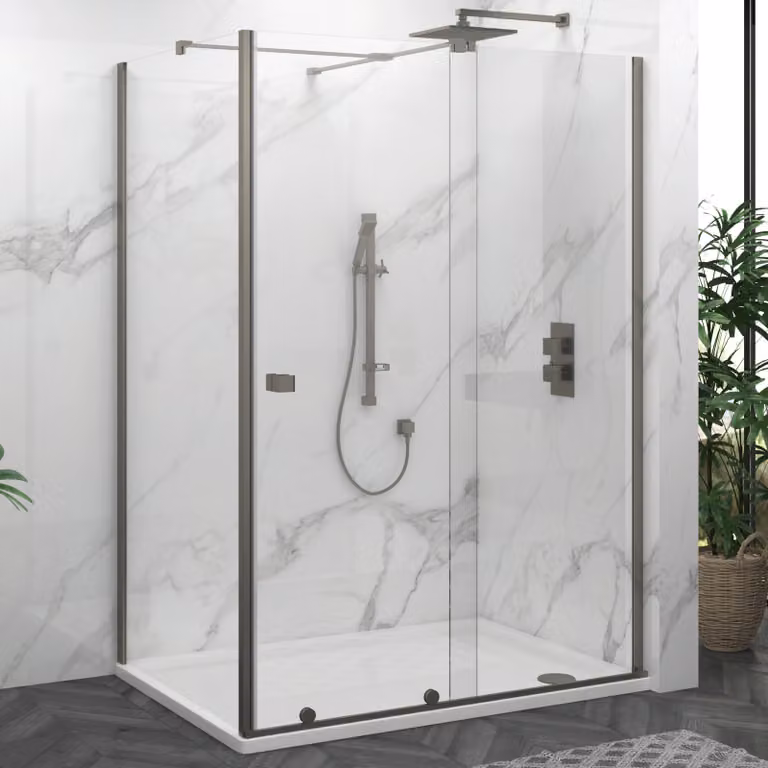 Royal Bathrooms Luton Sliding Wet Room Shower Screen Door with Side Panel, Gun Metal Grey, W/D/H: 100 x 80 x 195 cm, 8mm Easy Clean Glass