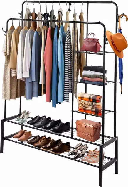 Home Treats Dual Hook and Rail Matrix Heavy Duty Metal Clothes Rail in Matt Black