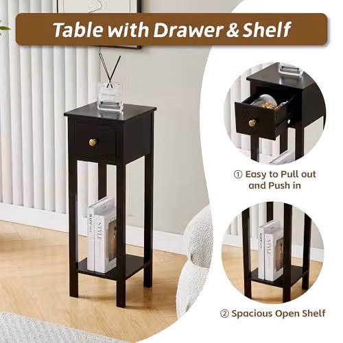 MCC Direct Amelia Set of 2 Solid Wood Bedside Tables with Open Shelf and Drawer, Black – 3