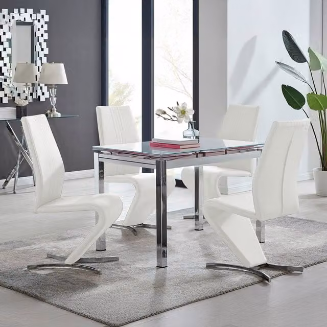 FurnitureboxUK Enna White Glossy Glass Extending Rectangular Dining Table and 4 Willow Synthetic Leather Chairs