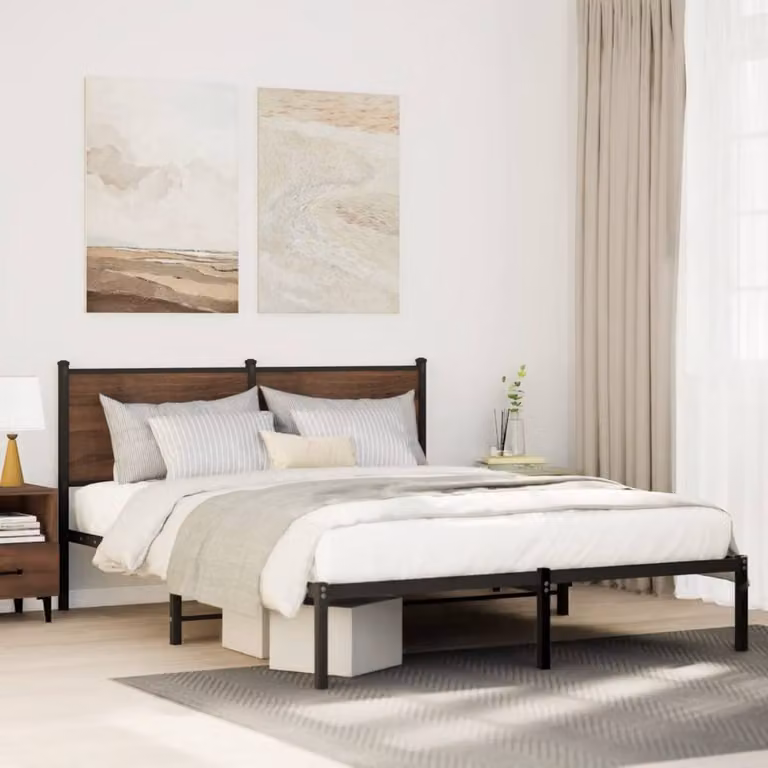 Berkfield Home Metal Bed Frame in Brown Oak, W: 140 cm, L: 200 cm