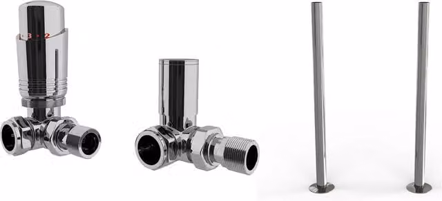 Talus Bold Angle Thermostatic Radiator Valve Installation Kit with Thermostat Head in Silver Nickel Plated Brass
