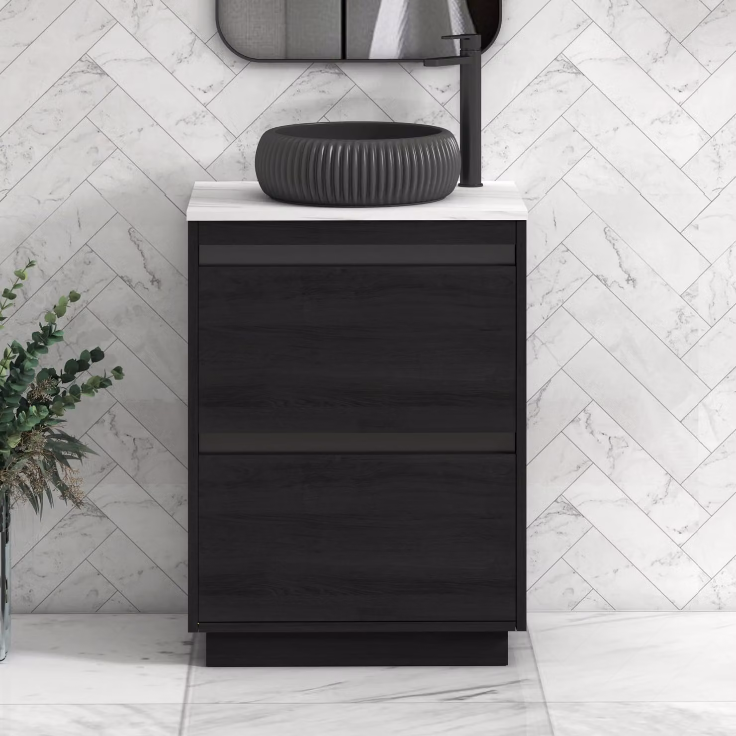 Royal Bathrooms Orion 800mm Hale Black Floor Standing Vanity Unit with Milan Black Basin and Carrara White Countertop, 2 Drawers, Width: 80 cm