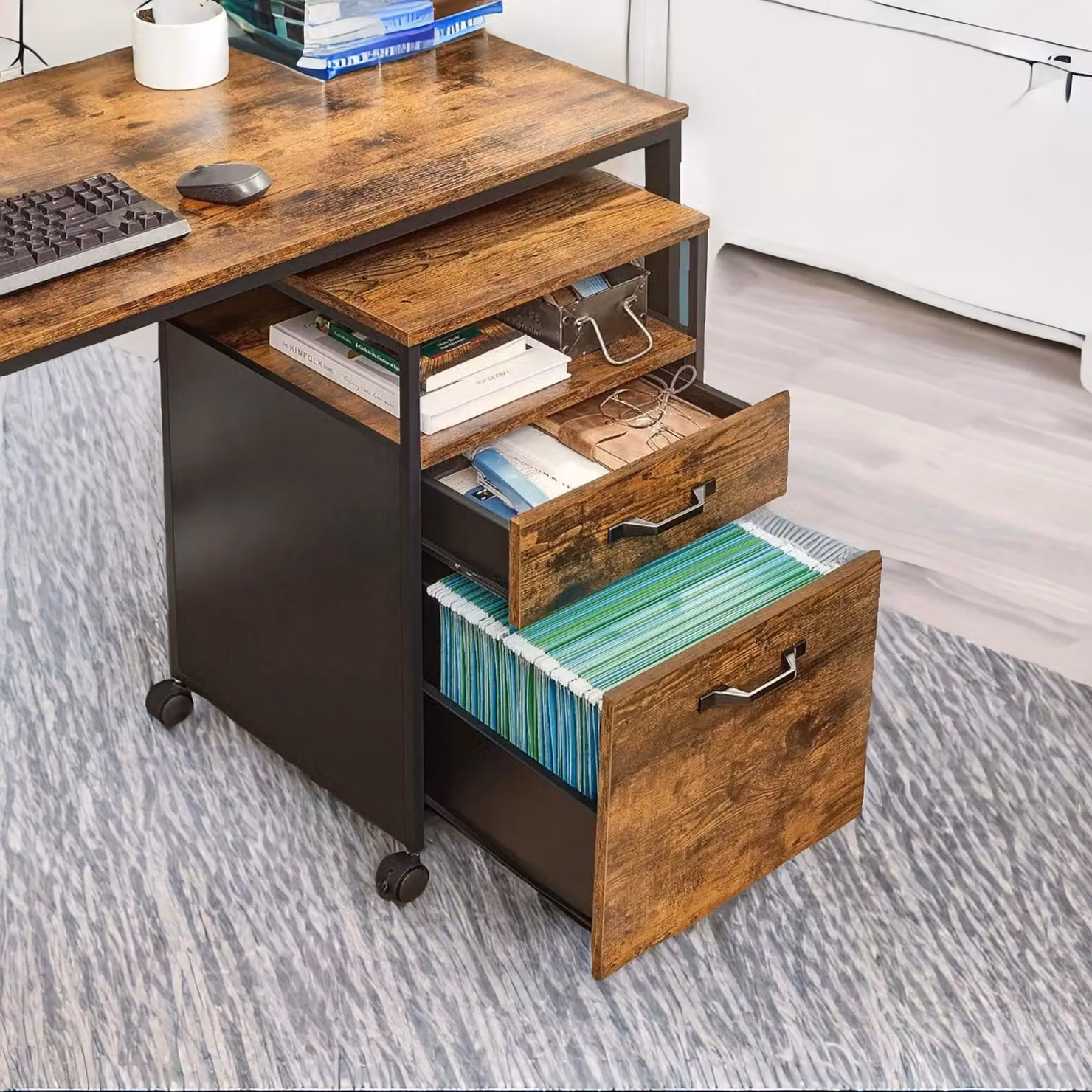 FURNOS Industrial 2 Drawer Filing Cabinet with Lockable Wheels, Brown, H 66.5 x W 44 cm x D 42 cm – 2