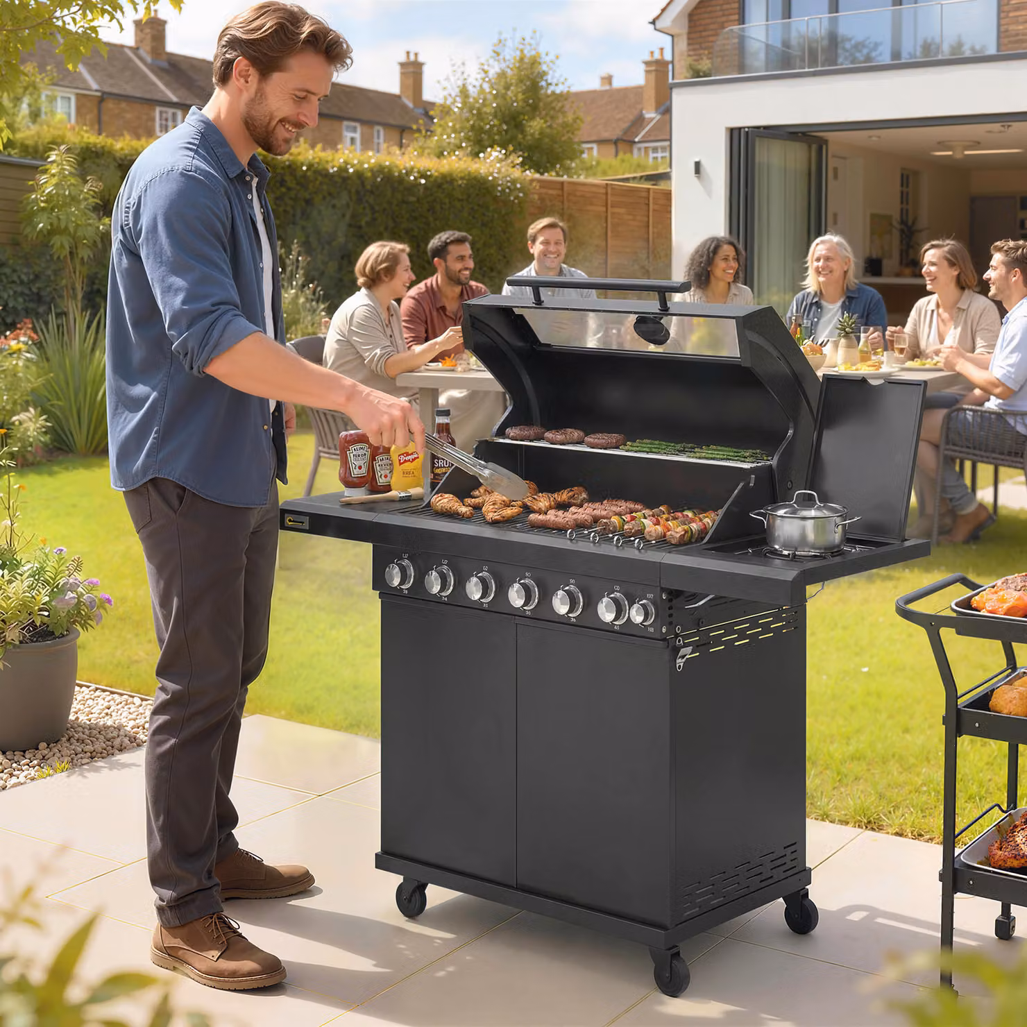 Outsunny 6+1 Burner Gas BBQ Grill Trolley with Side Burner, Warming Rack and Thermometer, Black – 2