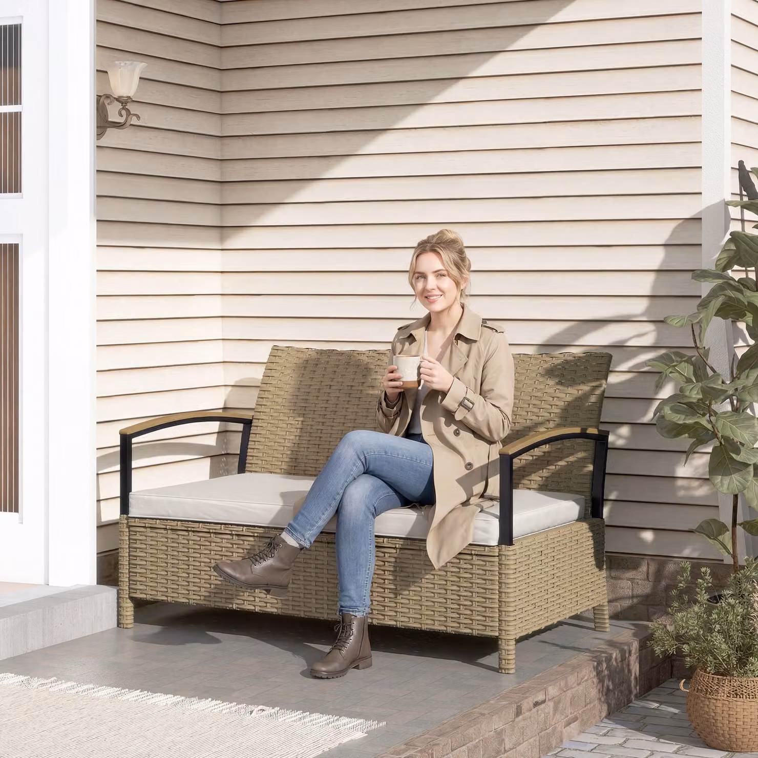 Outsunny 2 Seater PE Rattan Garden Storage Bench with Padded Cushions, Beige – 5