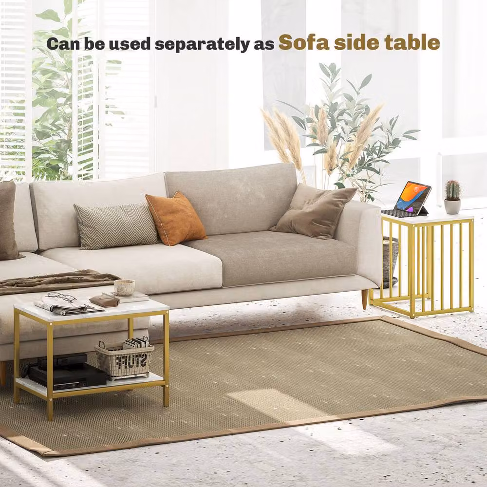 STILVORA 2 Piece Nesting Coffee Table Set with Shelf and Gold Steel Frame – 2