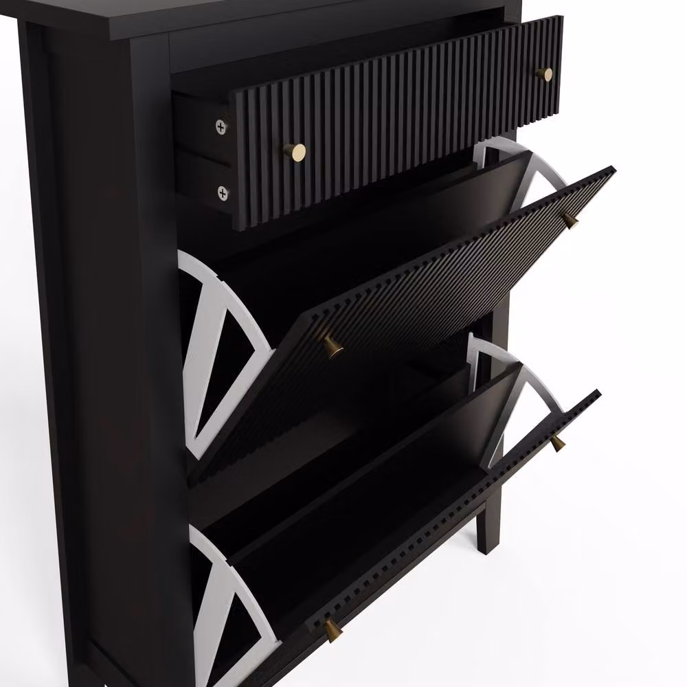 GFW Garrucha Deluxe Modern Black Matt Shoe Cabinet with Tilting Compartments and Internal Drawers – 4