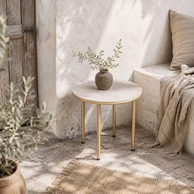 Wyld Haus Bake Round Side Table in Beige with Faux Marble Tempered Glass Top, W/D/H: 60 x 43 x 60 cm – 1
