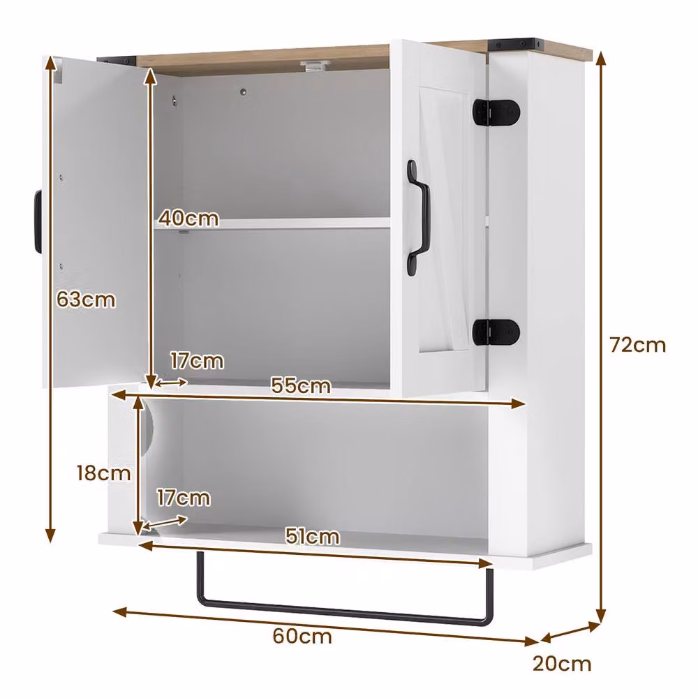 Costway White Wooden Wall Mounted Bathroom Medicine Cabinet with Internal Shelves and Hinged Doors – 2