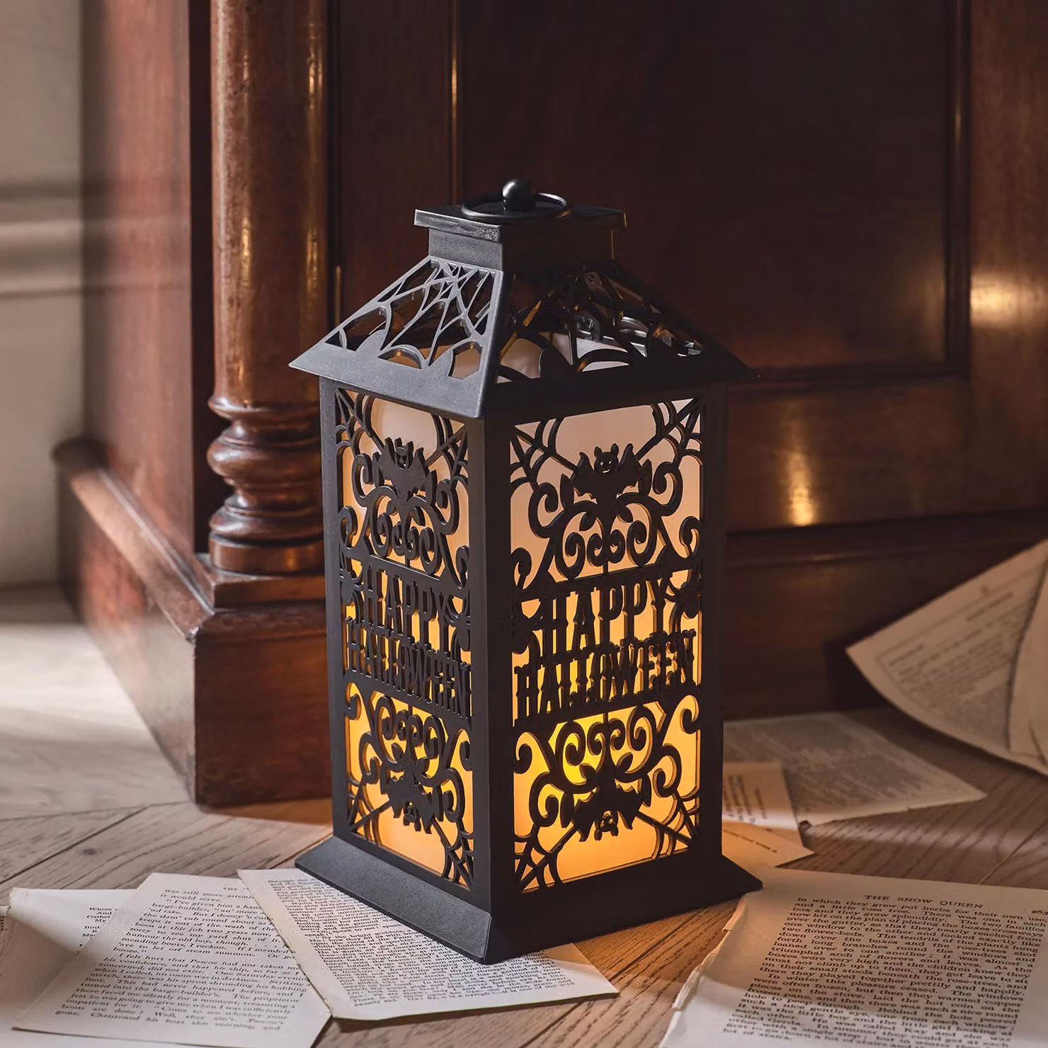 Lights4Fun Halloween Lantern in Black Metal with Flickering Warm White LED, Bat and Spiderweb Detail, H 32 cm – 1