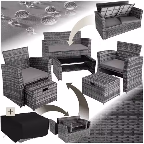 tectake Modern Rattan Garden Furniture Set in Grey with Metal and Glass Details for 7 Adults – 1