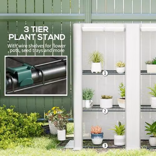 Outsunny 3 Tier Lean-to Mini Greenhouse in Grey and White, W/D/H: 144 x 48 x 152 cm – 4