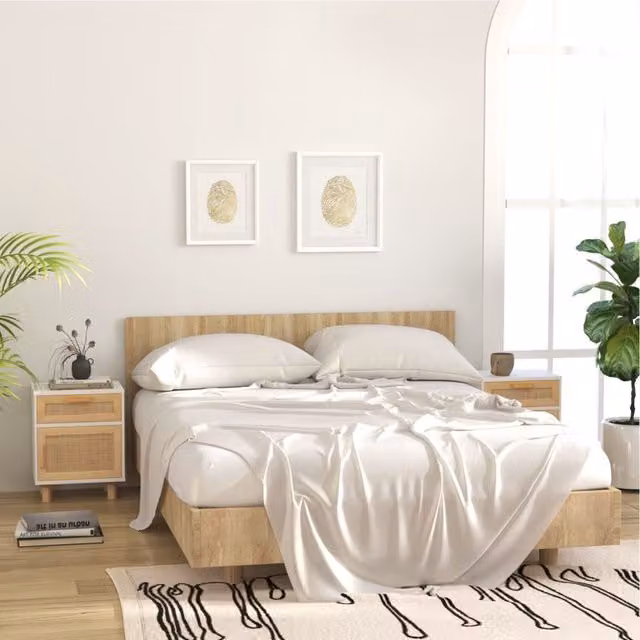Berkfield Home Set of 2 White Solid Pine Bedside Cabinets with Natural Rattan