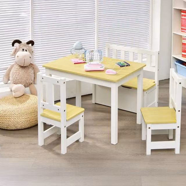 Costway 2-in-1 Toddler Table and Storage Bench Set in Brown and Yellow