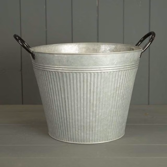 KDMD Grey Round Ribbed Metal Planter with Rustic Striped Finish