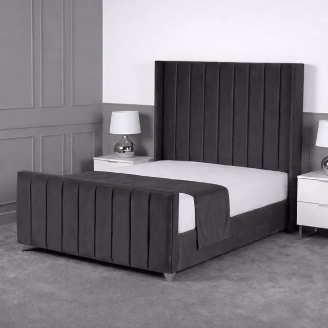 Living Comfort Bedz Imperial Winged Gas Lift Storage Upholstered Velvet Bed in Grey, Size: King (180 x 200 cm)
