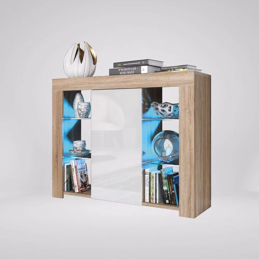 PAWNORA Modern Display Cabinet with Glass Doors in Natural Oak Matt and White Gloss – 2
