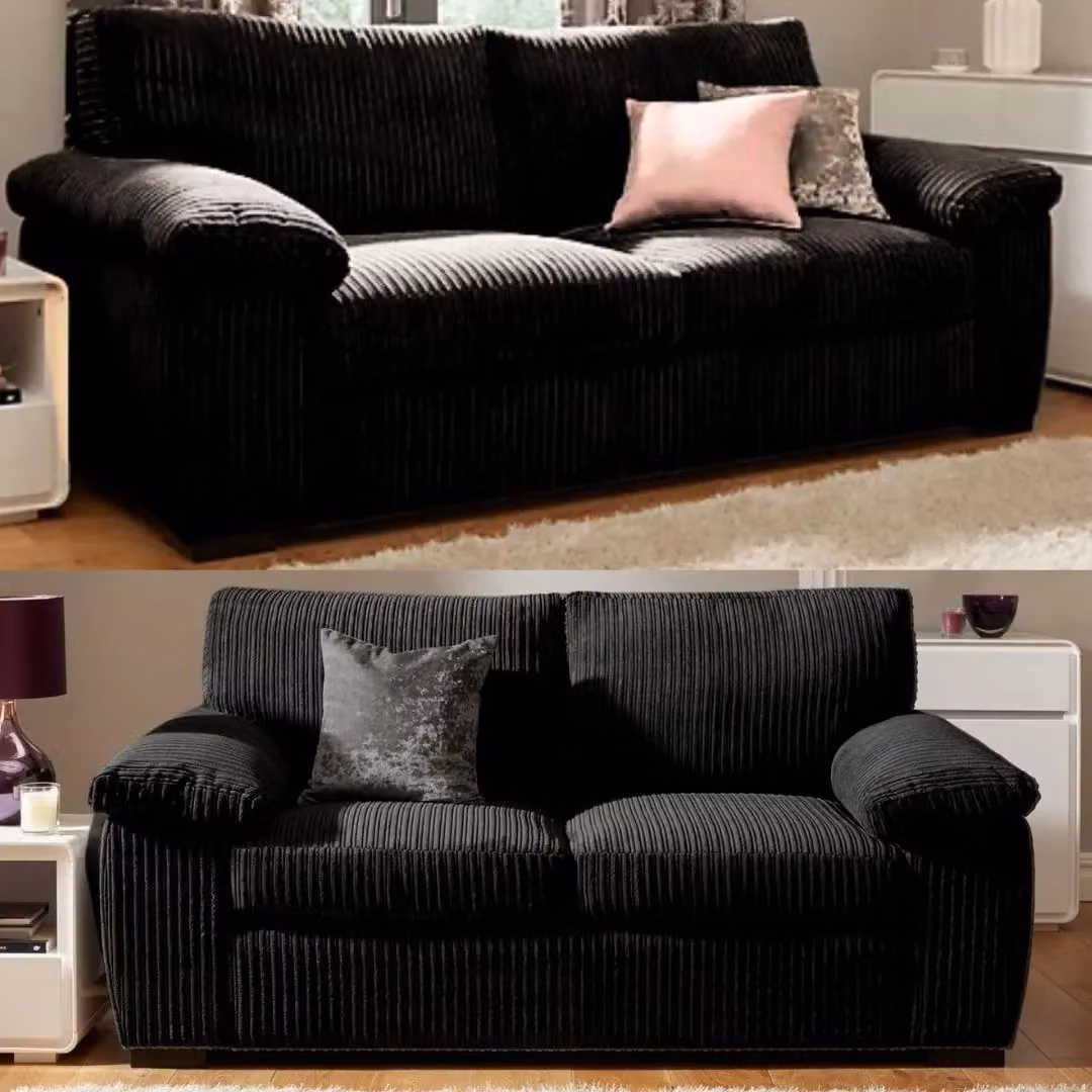 SquareBoxx Capri 3+2 Seater Jumbo Cord Fabric Sofa Set in Black – 5