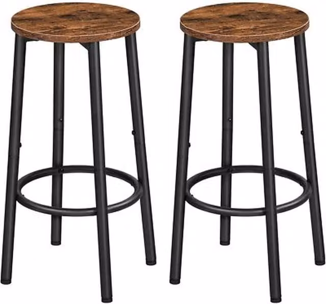 NESTLUNE Set of 2 Brown and Black Metal Bar Stools with Rustic Cylindrical Seats