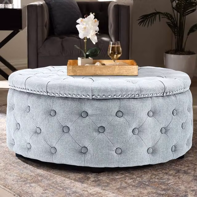 Livingandhome Round Tufted Upholstered Buttoned Footstool in White and Grey