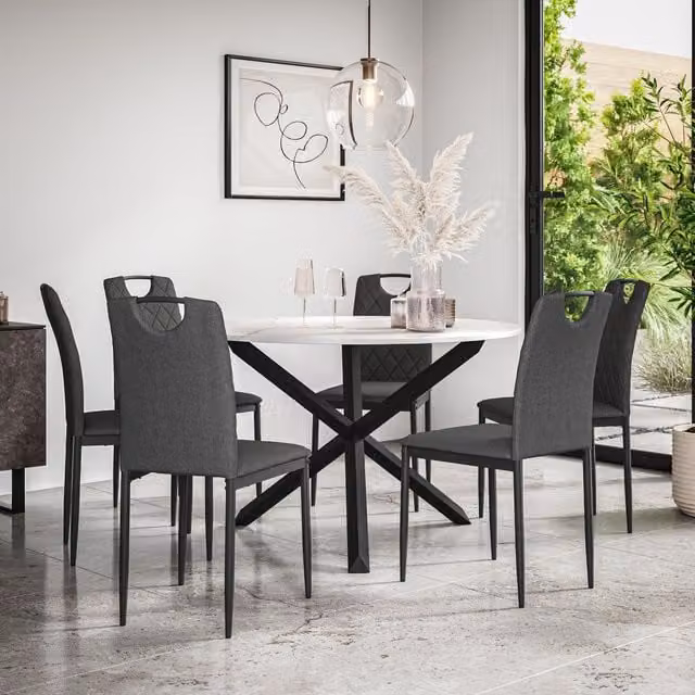 More4Homes Malvern Round Dining Table and 6 Monza Fabric Dining Chairs Set, Marble Table Top with Solid Oak Black Legs, Charcoal – 1