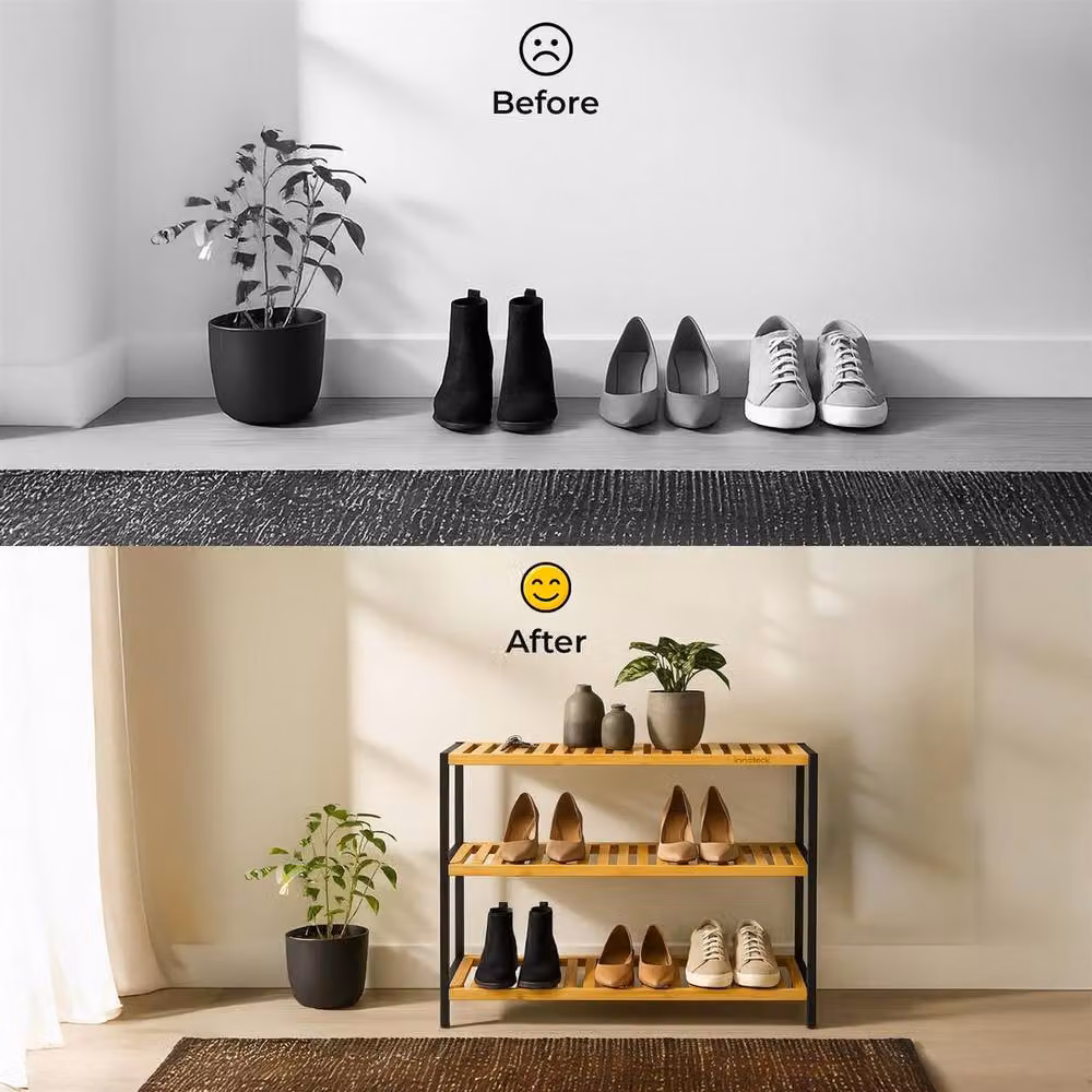 EONLION 3 Tier Bamboo Shoe Rack with Black Frame and Natural Bamboo Shelves – 3