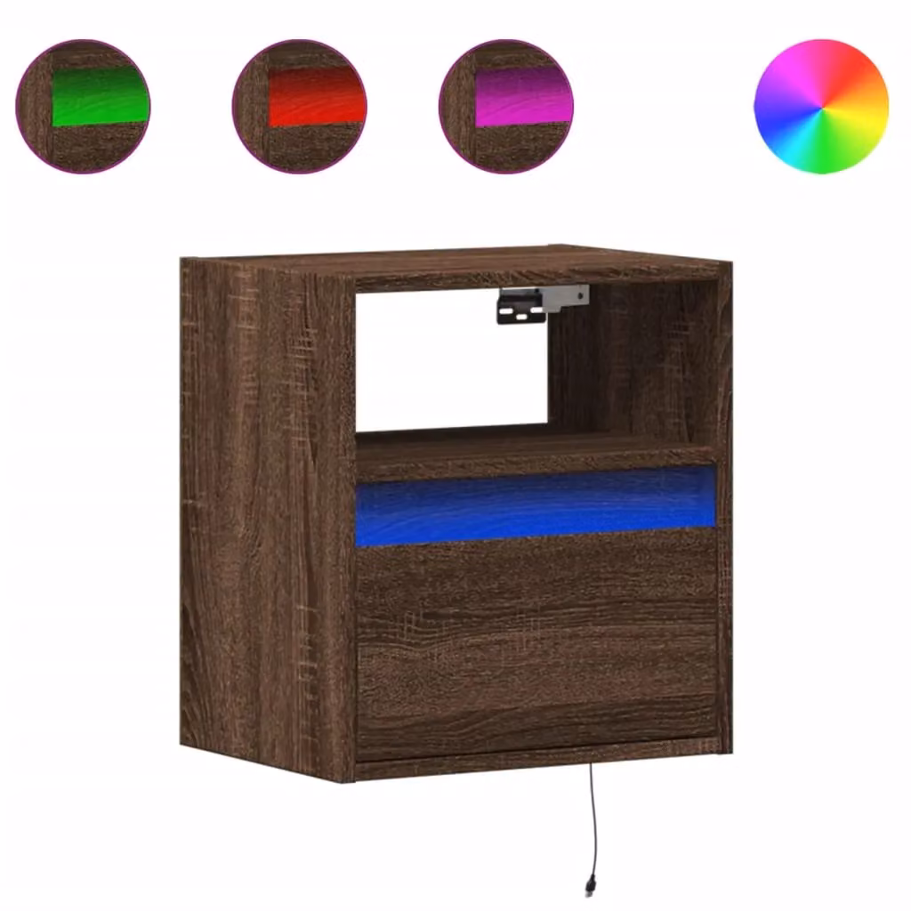 Berkfield Home Wall-mounted Bedside Cabinet with Integrated LED Lights in Brown Oak – 2