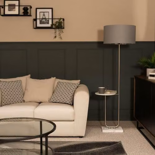 ValueLights Floor Lamp with Marble Base and Large Grey and Chrome Fabric Shade – 2