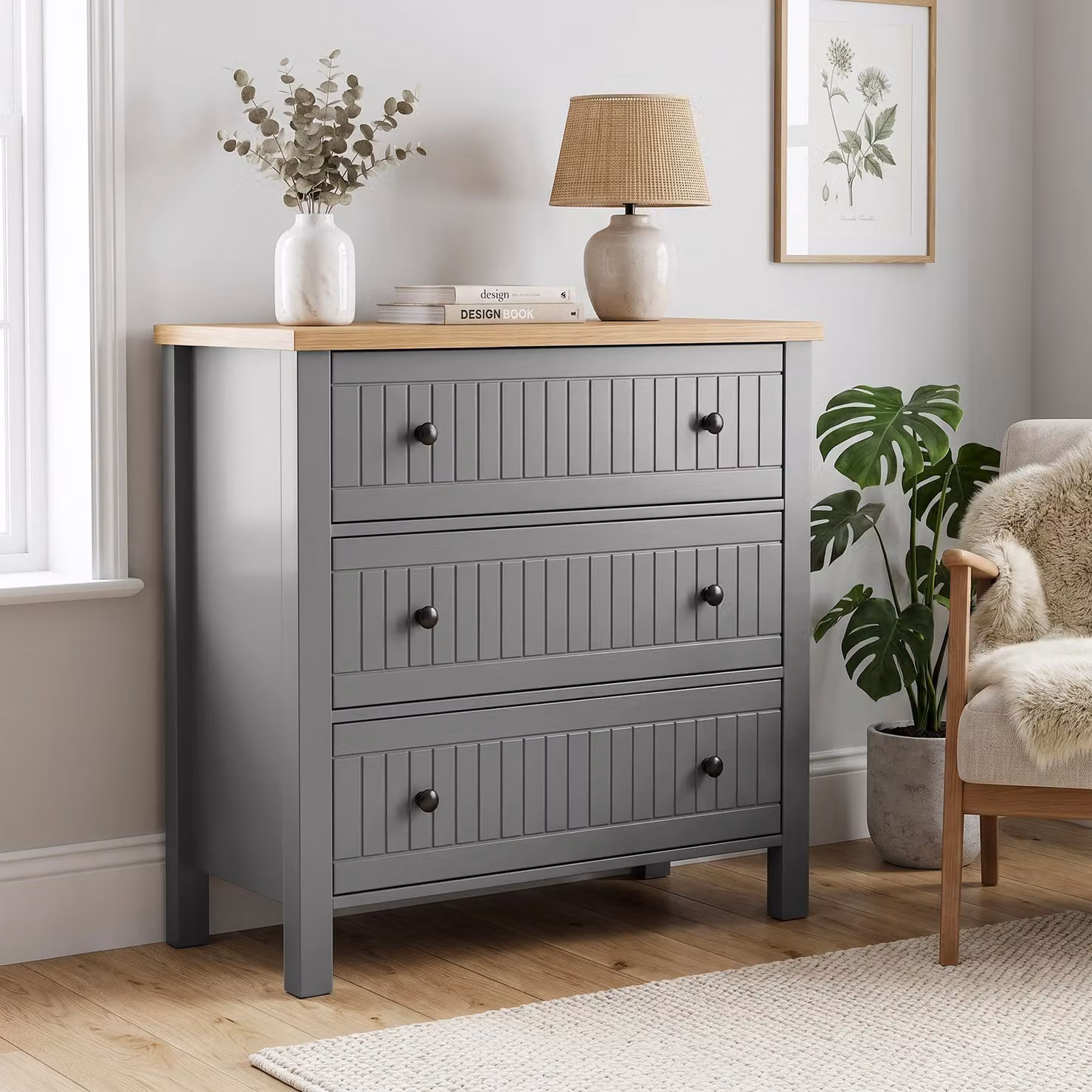 DHS Grey 3 Drawer Chest of Drawers with Oak Effect Top and Soft Close Drawers, H 83 cm x W 80 cm x D 42 cm
