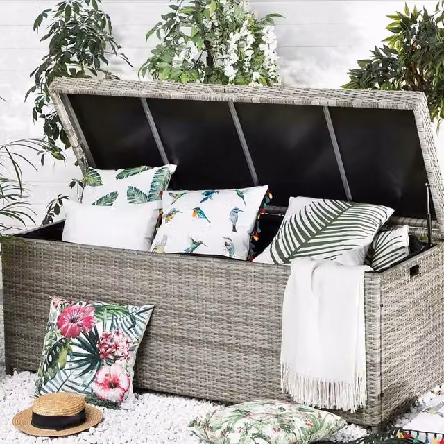 Wyld and Coco Grey Faux Rattan Outdoor Storage Box W: 158 cm, D: 63 cm, H: 66 cm