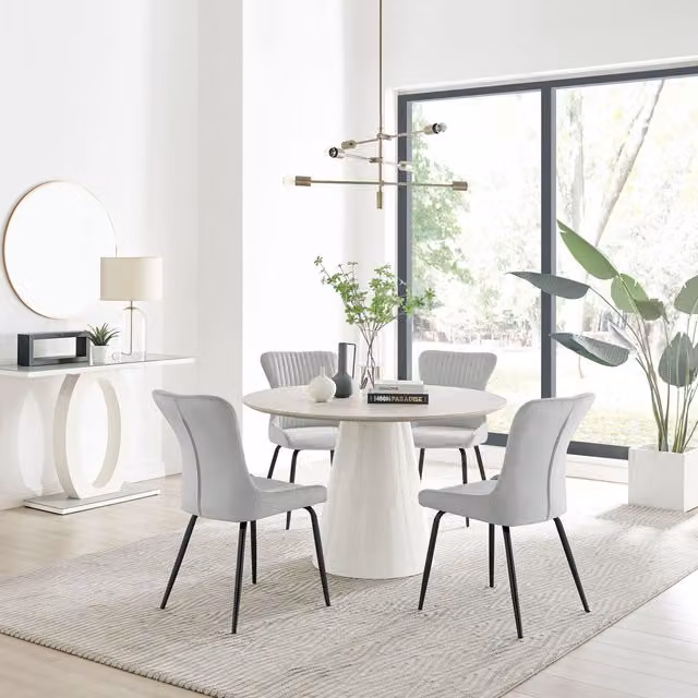 FurnitureboxUK Palma Beige Stone Effect Round Dining Table and 4 Nora Black Leg Chairs in Light Grey