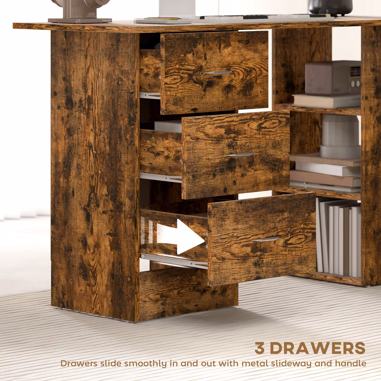 HOMCOM Rustic Brown Computer Desk and Writing Table with 3 Storage Shelves and Drawers for Home Office – 4