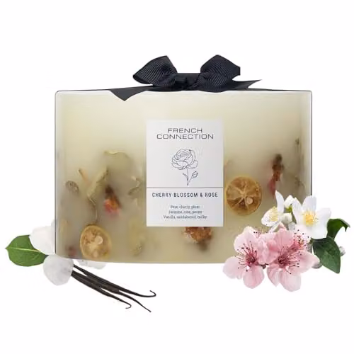 French Connection Cherry Blossom & Rose Scented Botanical Pillar Candle, White, 1.5kg