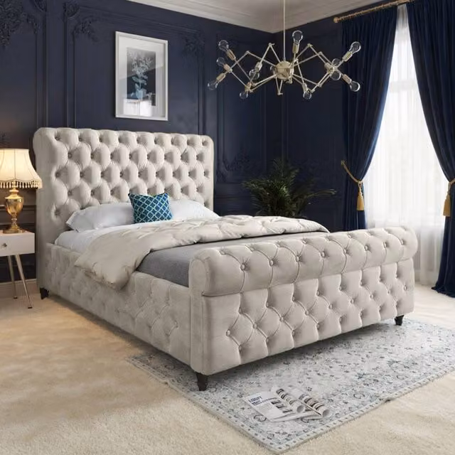 KDMD Wareham Sleigh Upholstered Bed Frame in Beige Soft Velvet, Small Single