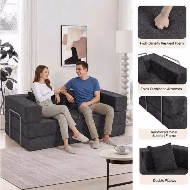 FORGEVIO Black 2 Seater Sectional Sofa Bed with Upholstered Fabric and Foam Filling
