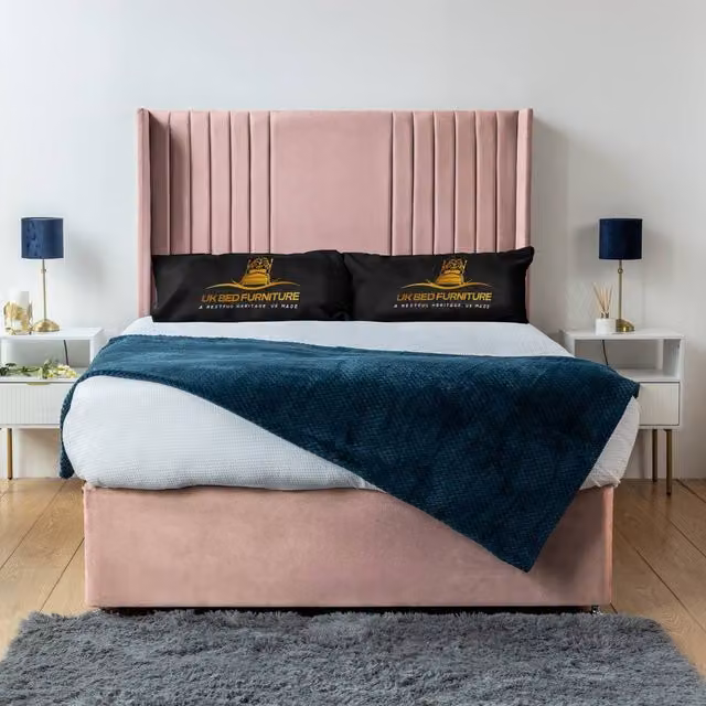 UK Bed Furniture Skyline Wingback Divan Bed Base with 54 Inch Headboard in Pink Velvet, Super King, W/D: 200 x 200 cm