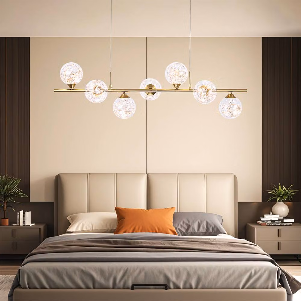 NIVOR 7 Light Dimmable LED Linear Pendant Light in Metallic Gold with Transparent Glass – 5