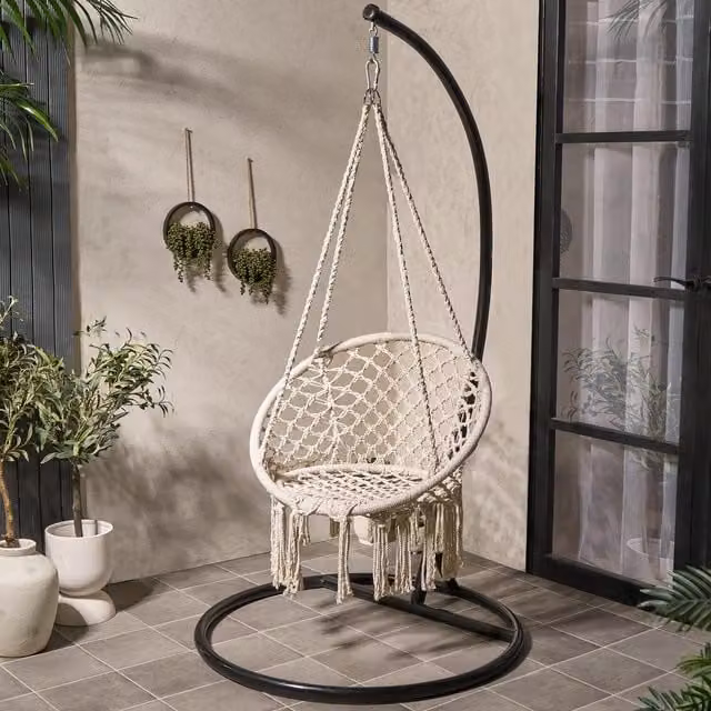 OHS Boho Macrame Hanging Swing Chair in Beige, Yellow and White