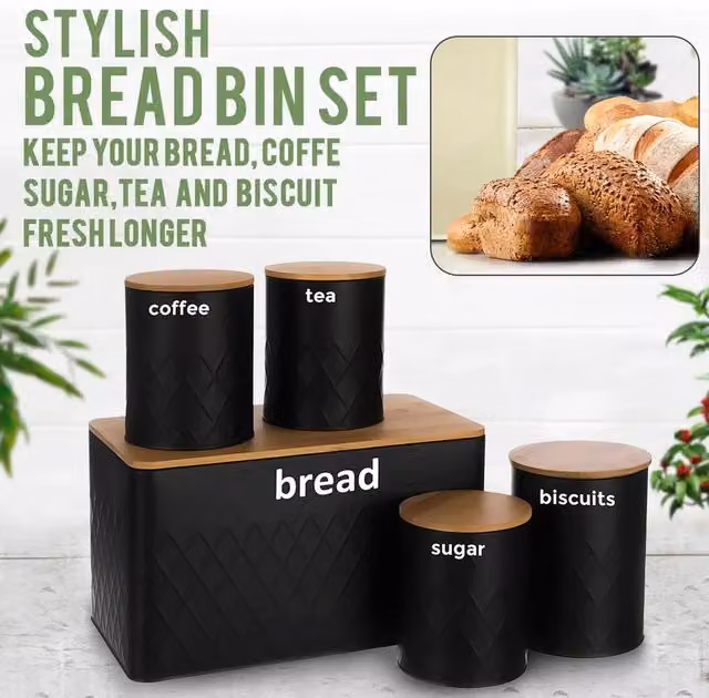 Kelvenix 5 Piece Black Airtight and Leakproof Bread Bin and Canister Set