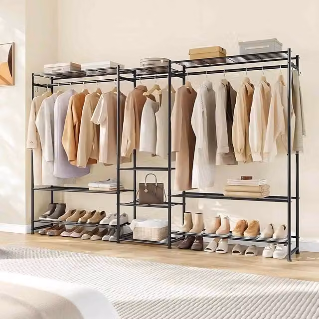 The Bazaarist Open Wardrobe with 10 Shelves and 3 Hanging Rails, Black