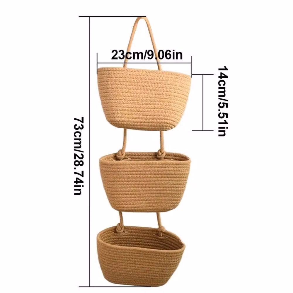 FLAVORA 3-Tier Wall-Mounted Hanging Basket Storage in Beige and Sand Open Weave Rattan Fabric, W: 50 cm, H: 73 cm, D: 50 cm – 2