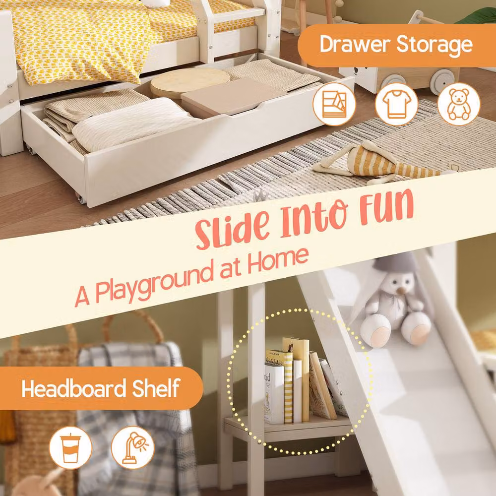 Rolipo White Wooden Kids Bunk Bed with Slide, Single over Double Cabin Bed in Natural White – 3