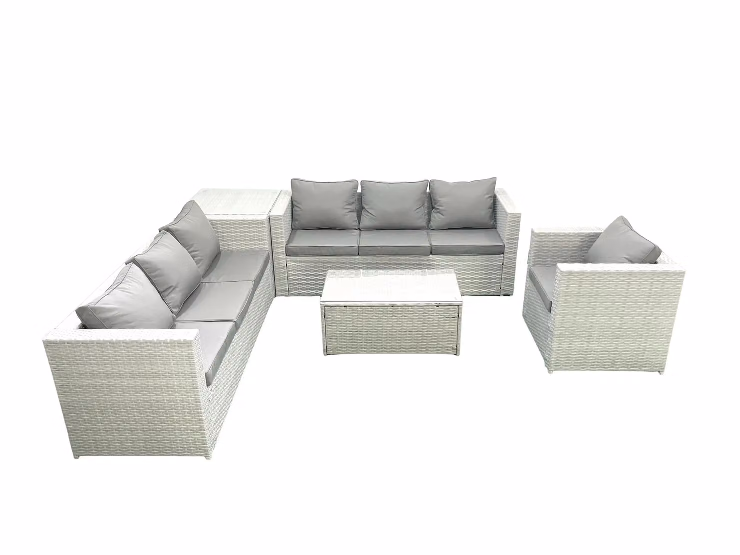 Fimous Grey Rattan L-Shape Garden Furniture Set with 3-Seater Sofa, Armchair, Corner Element, Coffee Table and Cushions – 2