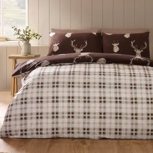 Catherine Lansfield Stag Check Reversible Single Duvet Cover Set, Chocolate Brown, W/D/H: 135 x 200 cm and 50 x 75 cm – 2