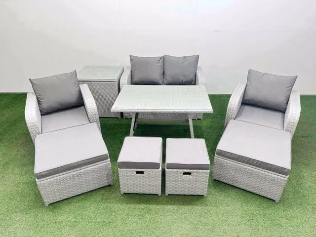 Fimous 8-Seater Patio Furniture Set with Rectangular Table, Sofa, Side Table and 4 Stools in Light Grey