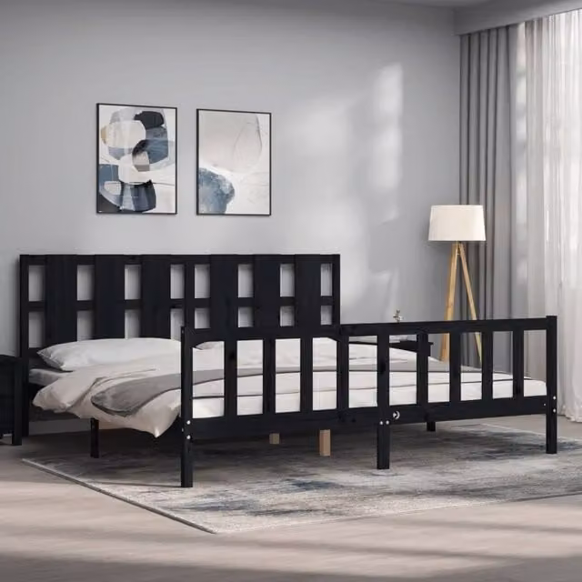 Berkfield Home Beautiful Bed Frame with Headboard in Black Solid Pine Wood W/D/H: 200 x 200 x 205.5 cm – 1