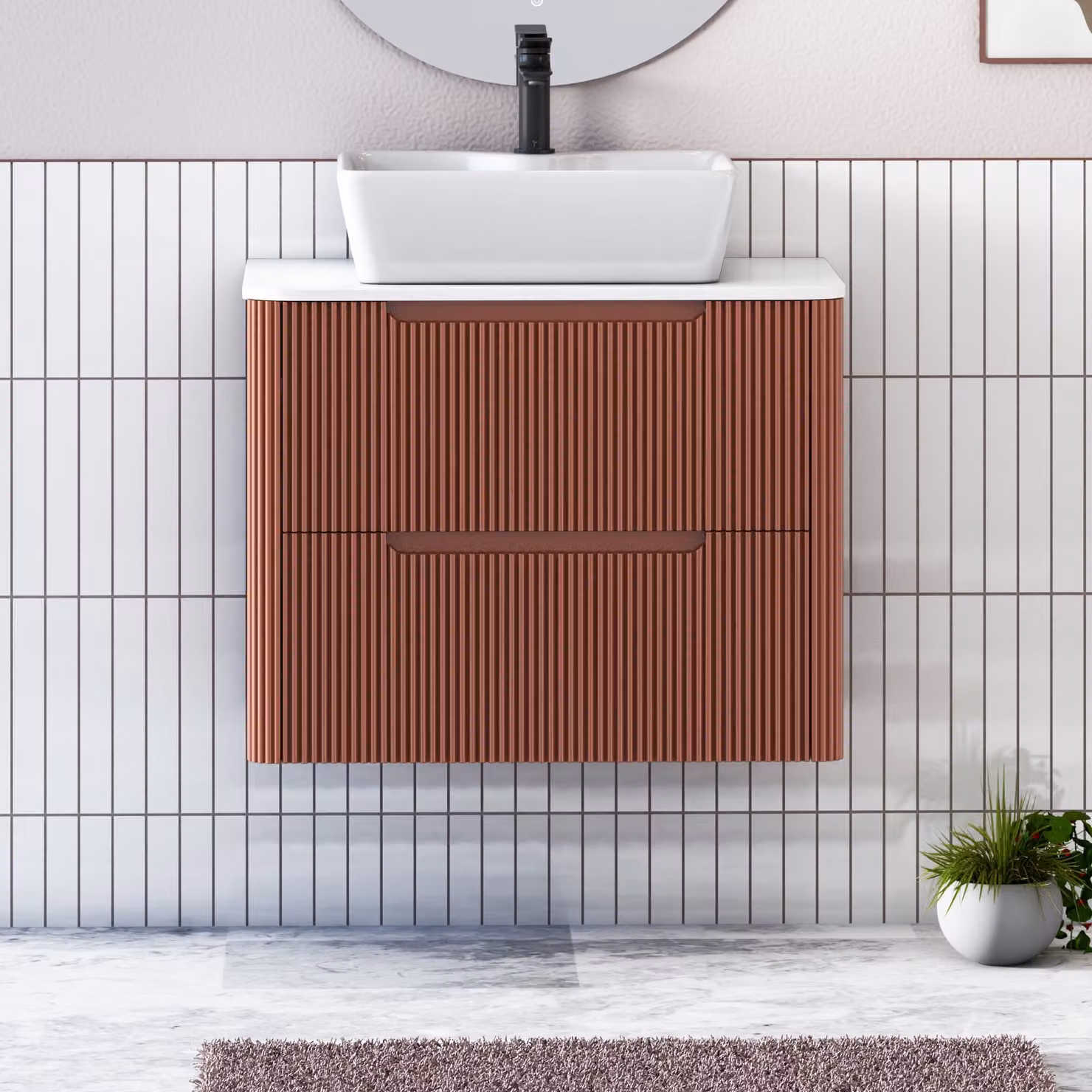 Royal Bathrooms Avenza 800mm Terracotta Clay Wall Hung Vanity Unit with White Worktop and Cube Basin