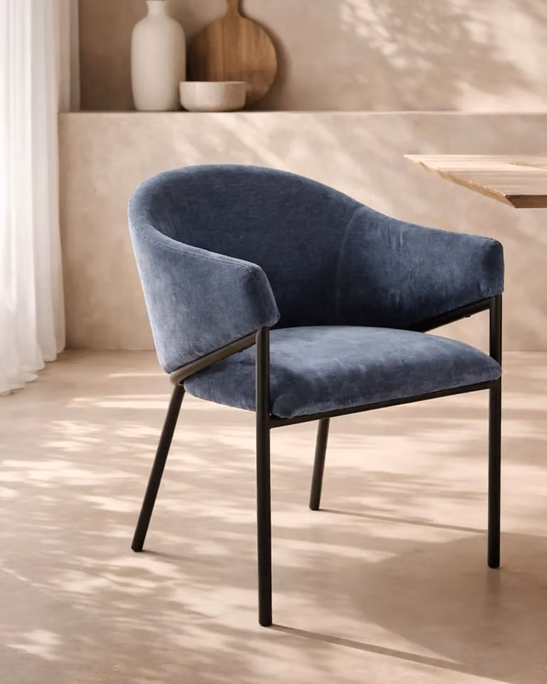 Tommy Franks Aidan Armchair Set of 2 in Blue and Black Fabric with Metal Frame