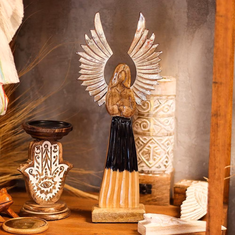 Serenityy Hand-Carved Mango Wood Guardian Angel Figurine with Metal Wings, Brown and Silver, H 40 x W 17 x D 5 cm – 2